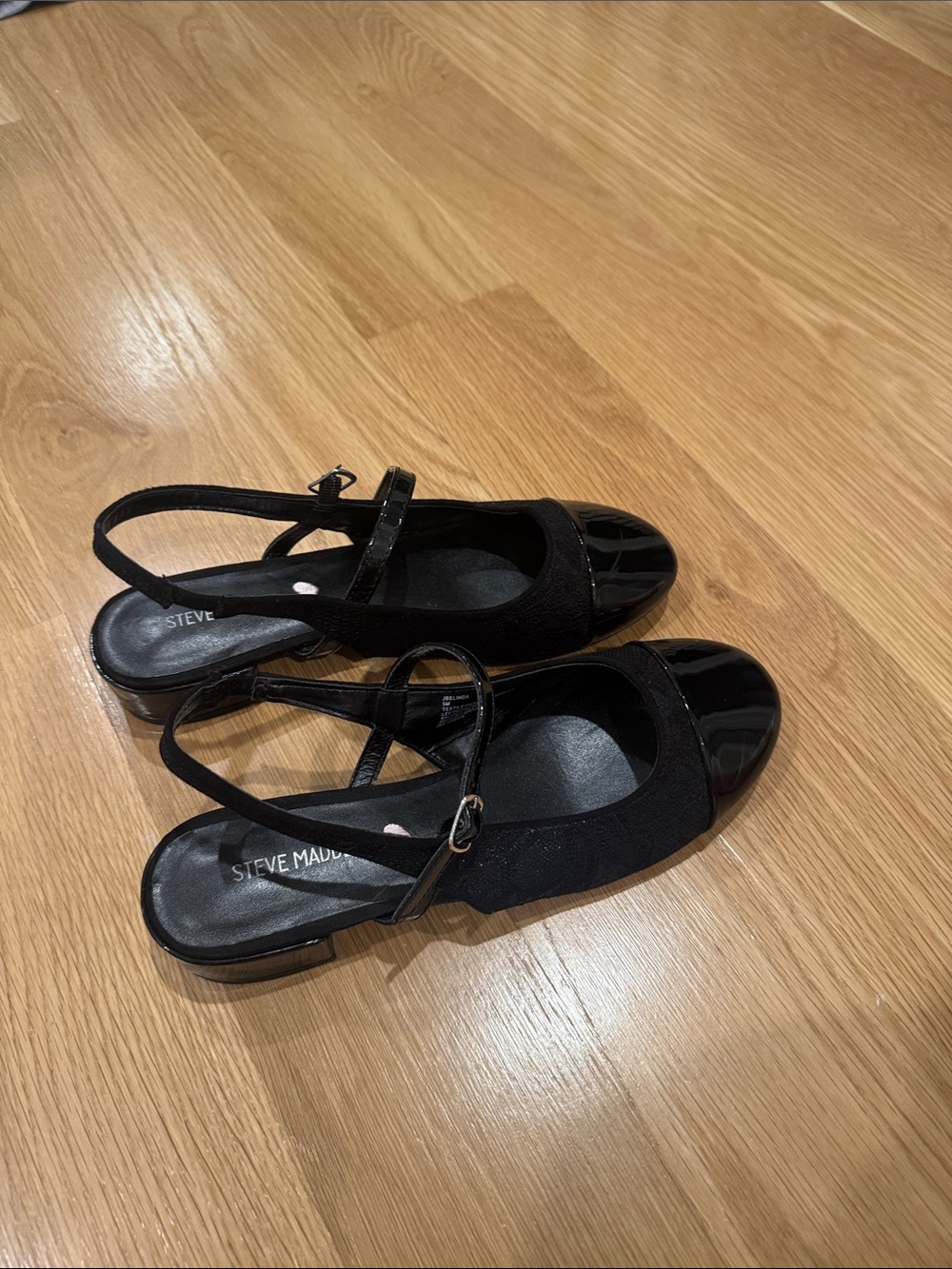 Steve Madden Black Slingback Flats with Patent Toe and Mary Jane Strap